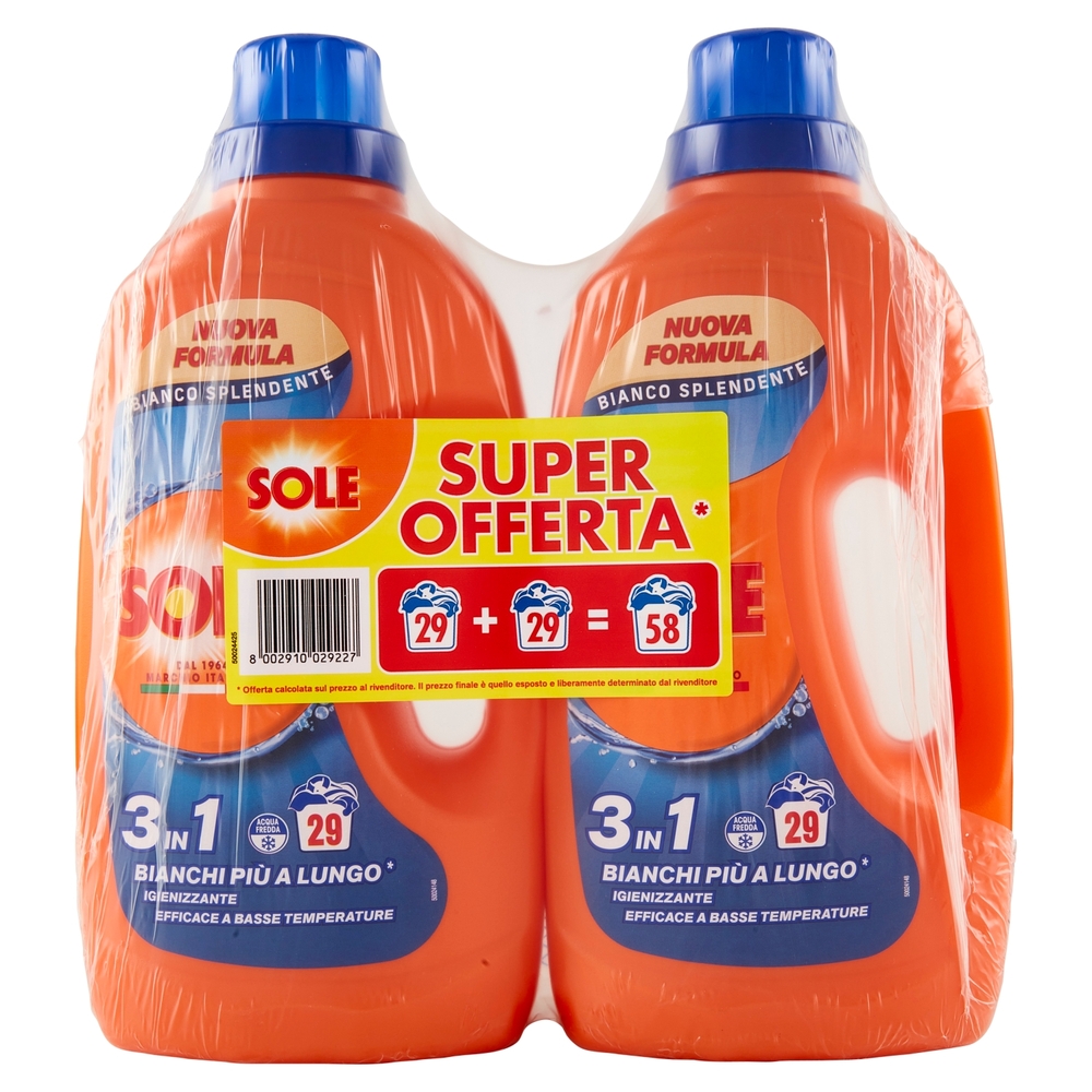 Sole Detersivo lavatrice Bianco Splendente 58 lavaggi 2 x 1,305 L